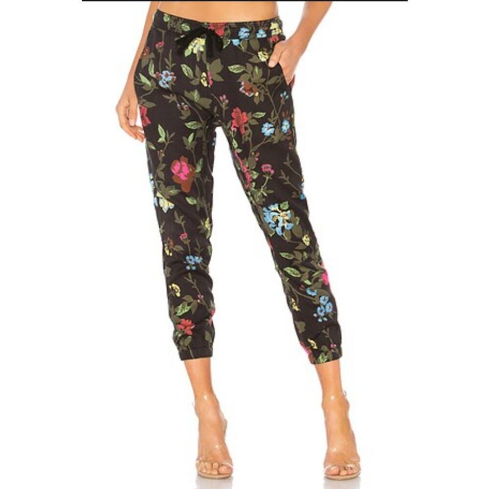 Pam & Gela Black Floral Cropped Jogger Pants with Multicolor Blooms